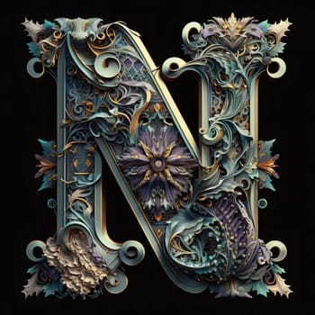Graphic alphabet letters: Luxury decorative capital letter N with floral ornament. 3D rendering