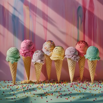 Lots of delicious and beautiful ice cream. Summer dessert. Poster, menu. High quality photo