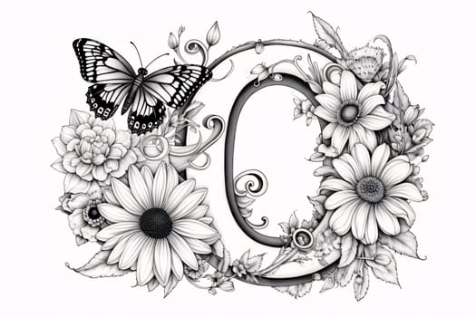 Graphic alphabet letters: Letter O with flowers and butterflies. Black and white vector illustration.