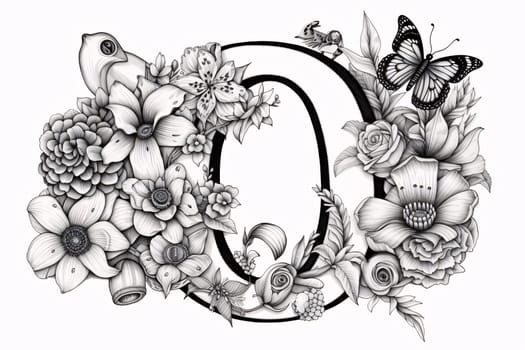Graphic alphabet letters: Black and white letter O with flowers and butterflies. Vector illustration.