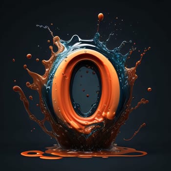 Graphic alphabet letters: Orange liquid letter O, 3d render, isolated on black background