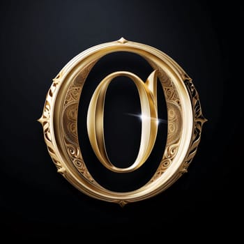 Graphic alphabet letters: O letter in a golden frame on black background. 3d rendering