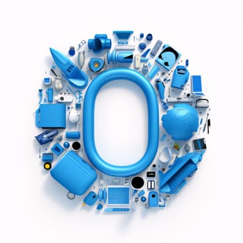 Graphic alphabet letters: Letter O of the alphabet surrounded by electronic devices and electronics. 3D rendering