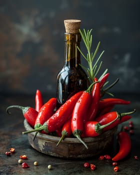 Bottle of Olive Oil and Spices on Table. Selective soft focus.