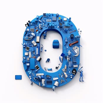 Graphic alphabet letters: letter O made of blue electronic devices and electronics. 3D rendering