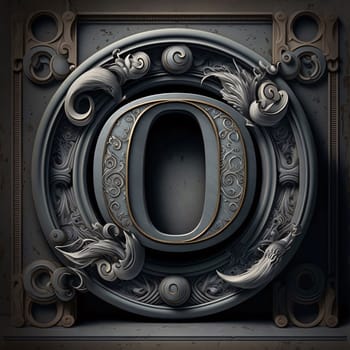 Graphic alphabet letters: Luxury letter O in metal with ornament. 3D render