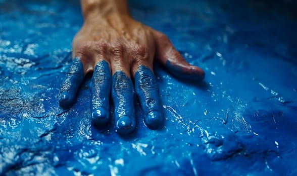 Mans Hand Touching Blue Wall. Selective soft focus.