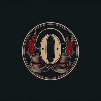 Graphic alphabet letters: letter O with hat and roses. Vector illustration on dark background.