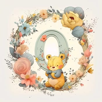 Graphic alphabet letters: Cute teddy bear in a wreath of flowers. Vector illustration.