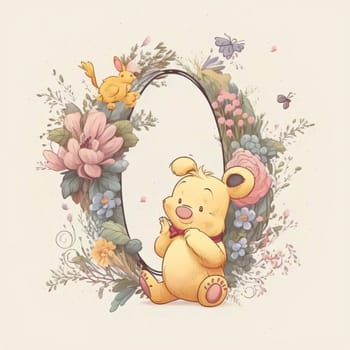 Graphic alphabet letters: Cute teddy bear with floral frame. Watercolor illustration.