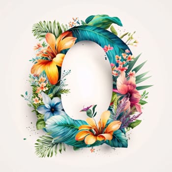 Graphic alphabet letters: Vector letter O with tropical flowers and leaves. Floral font.