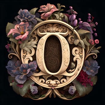 Graphic alphabet letters: Beautiful floral capital letter O decorated with flowers and leaves on black background.