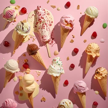 Lots of delicious and beautiful ice cream. Summer dessert. Poster, menu. High quality photo