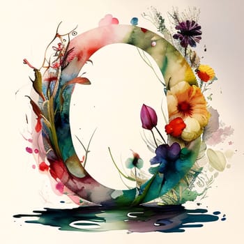 Graphic alphabet letters: Watercolor letter O with flowers and leaves. Hand drawn illustration.