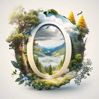 Graphic alphabet letters: The letter O in the form of a frame surrounded by nature.