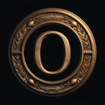 Graphic alphabet letters: O letter with gold laurel wreath. 3D render.