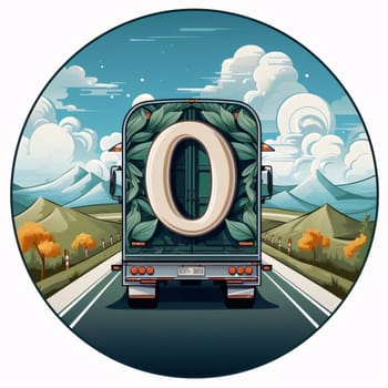 Graphic alphabet letters: Truck with number zero on the road in the mountains. Vector illustration