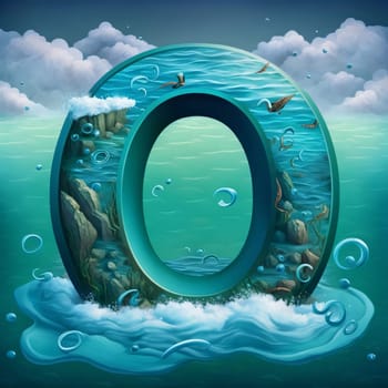Graphic alphabet letters: Letter O in the sea. 3D illustration. Sea landscape.