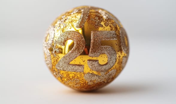 Golden ball with a number 25 on a white background. Selective focus.
