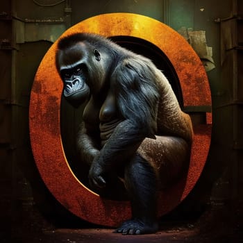 Graphic alphabet letters: Gorilla in a dark room with an orange frame. 3d rendering