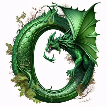 Graphic alphabet letters: Dragon isolated on white background. 3D illustration. Green dragon.