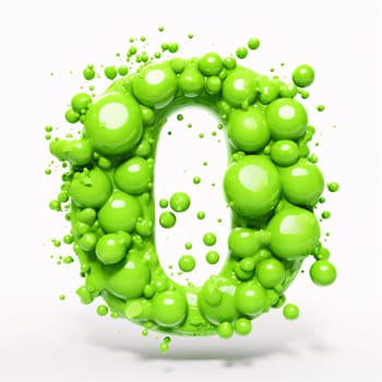 Graphic alphabet letters: Green liquid letter O, 3D rendering transparent green liquid alphabet with bubbles isolated on white background