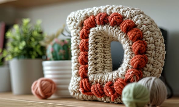 Knitted colored letter D on an abstract background. Selective focus.
