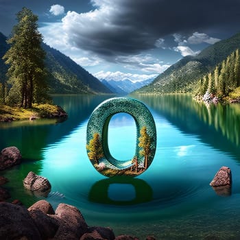 Graphic alphabet letters: Alphabet letter O on a background of mountains and lake. 3d rendering