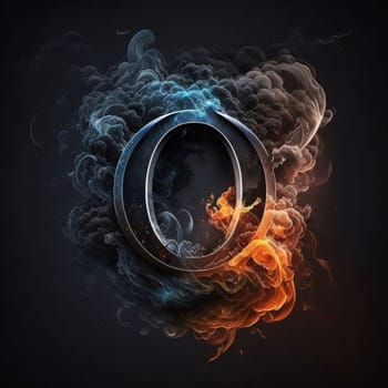 Graphic alphabet letters: Burning letter O in the smoke. Vector illustration. Black background.