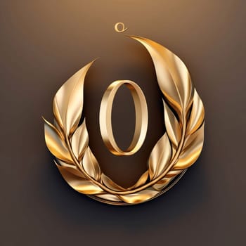 Graphic alphabet letters: Gold letter O in laurel wreath. 3D render.