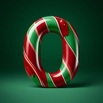 Graphic alphabet letters: Candy cane letter O on green background. 3D rendered font.