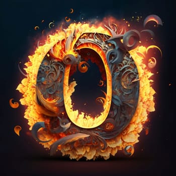 Graphic alphabet letters: Letter O in the form of a fiery explosion on a dark background.
