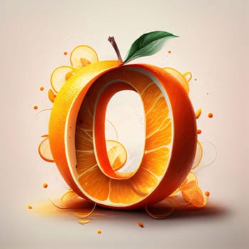 Graphic alphabet letters: Fruit letter O made of orange and green leaves, 3d render