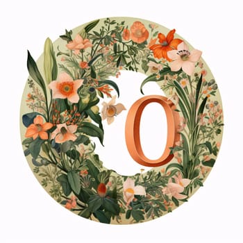 Graphic alphabet letters: letter O with flowers and leaves in a round frame. Vector illustration.