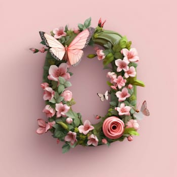 Graphic alphabet letters: Letter O made of flowers and butterflies. Floral font. 3D rendering