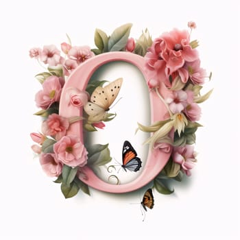 Graphic alphabet letters: Alphabet letter O with flowers and butterflies. Floral font.