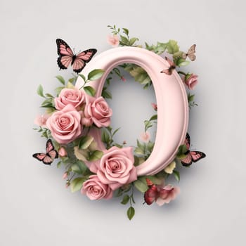 Graphic alphabet letters: Alphabet letter O with pink roses, butterflies and green leaves.