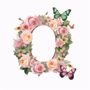 Graphic alphabet letters: Letter O with flowers and butterflies, isolated on a white background.