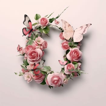 Graphic alphabet letters: Letter O decorated with pink roses and butterflies. Floral alphabet.