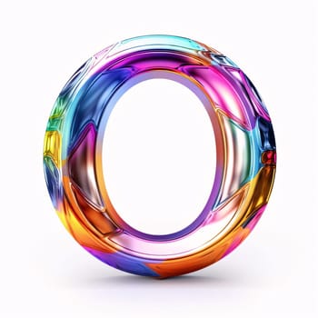 Graphic alphabet letters: Letter O. 3D render transparent plastic font with colorful glass reflections isolated on white background
