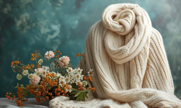 White knitted fabric on the table. Selective focus.