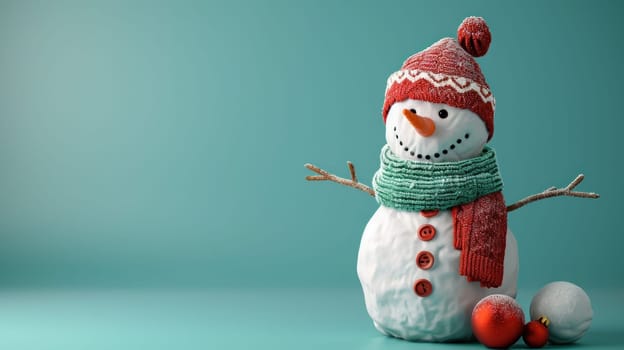 A snowman standing sideways on a solid background.