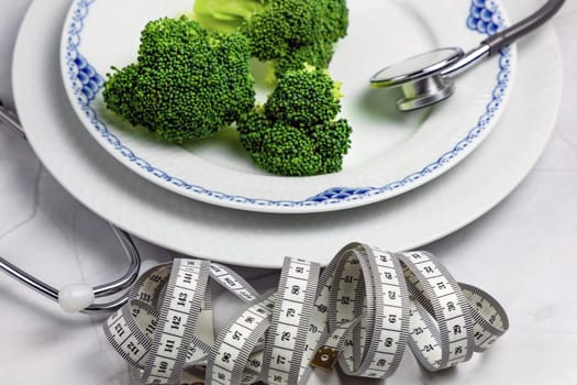 Concept of healthy eating and weight loss. Plate of green broccoli.