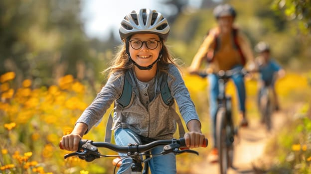 A family biking together on a sunny day through a nature reserve.