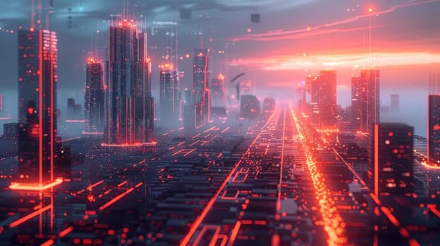 A digital background featuring a futuristic cityscape with glowing lines and data streams.