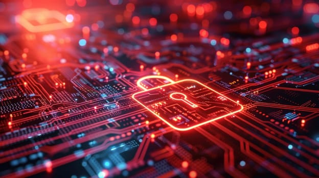 Glowing padlock on a digital circuit board. Concept cybersecurity and data protection..