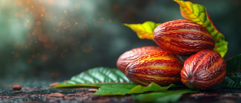 Abstract background with cocoa beans with leaves. Selective focus.