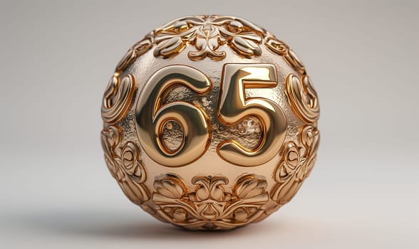 Golden ball with a number 65 on a white background. Selective focus.