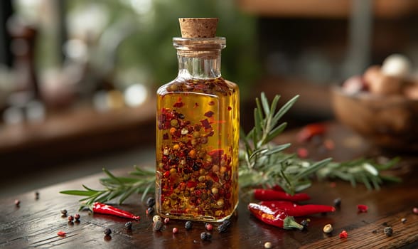 Bottle of Olive Oil and Spices on Table. Selective soft focus.