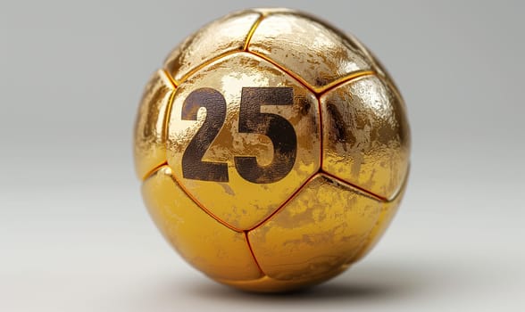 Golden ball with a number 25 on a white background. Selective focus.